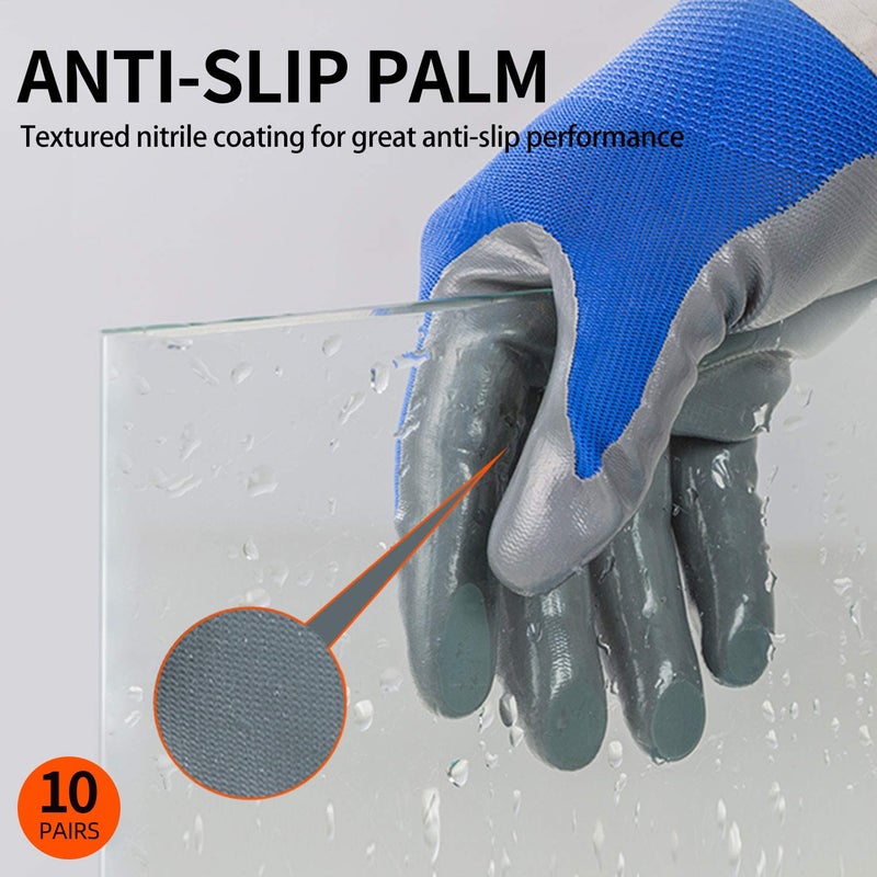 Vgo... 10-Pairs Safety Work Gloves, Gardening Gloves, Non-slip Nitrile coating, Dipping Gloves (Size L, Blue, NT2110) - Image 4